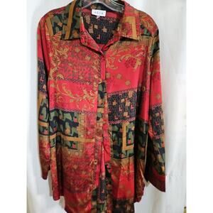 ACOA patterned button up Blouse long sleeve Red & Brown Color size M
